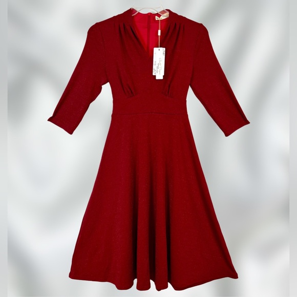 NWT Belle Pogue Red Sparkle Vintage Inspired Stretchy Fit & Flare Dress / Sm - Picture 1 of 12